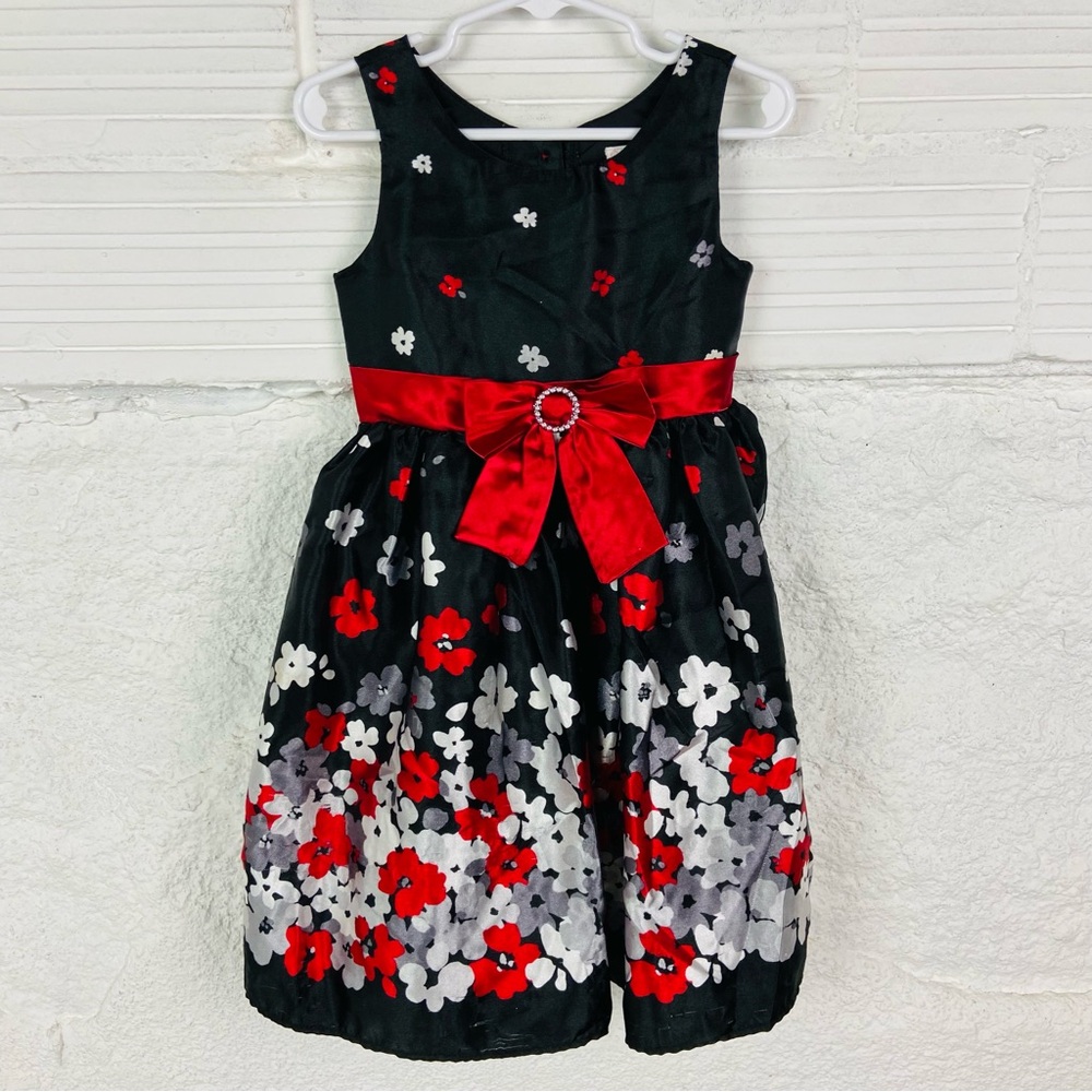 Youngland Black satin bow Dress with Red Floral Design size 4